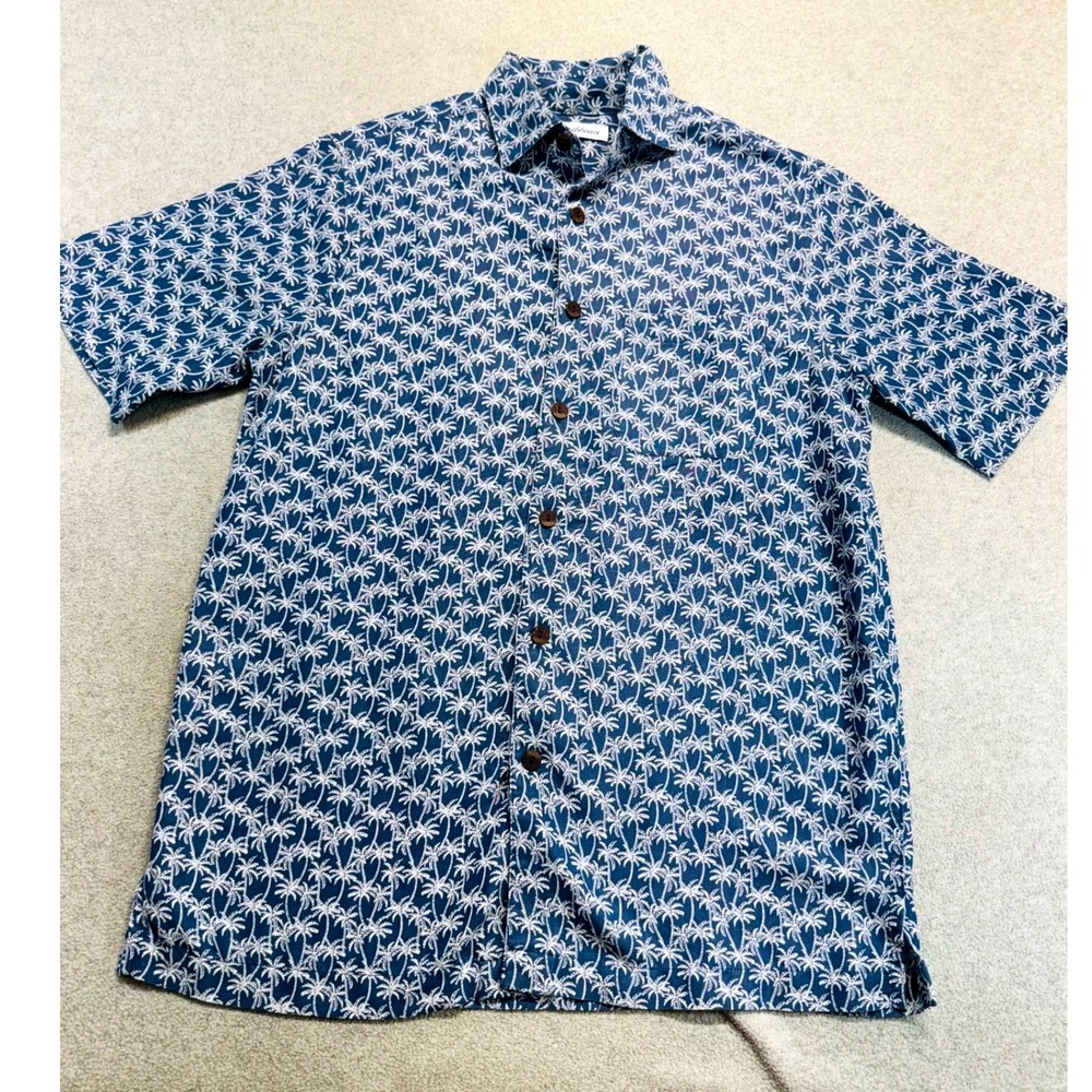Caribbean Mens S Blue Palm Tree Hawaiian Camp Shirt Tropical Button Front Resort